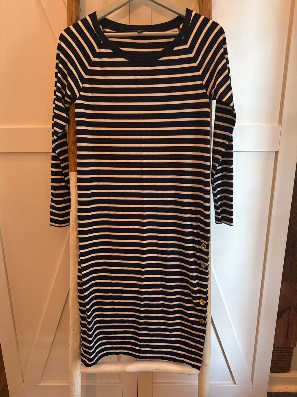Lauren Ralph Lauren Midi Dress Navy White Stripe Gold Buttons Modal Cotton Small